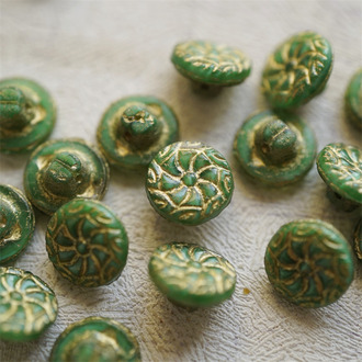 油画丝绸绿描金色~可爱贝壳捷克古董纽扣珠侧孔珠海洋生物玻璃琉璃珠 12MM
