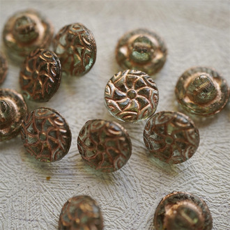 复古透水绿描玫瑰金色~可爱贝壳捷克古董纽扣珠侧孔珠海洋生物玻璃琉璃珠 12MM