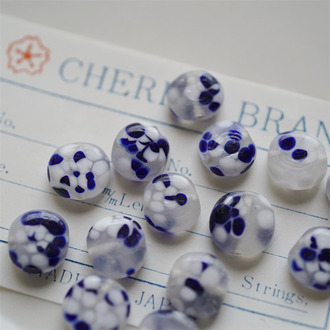 蓝色水墨配色点彩手造扁圆直孔珠~日本进口中古古董灯工玻璃琉璃珠