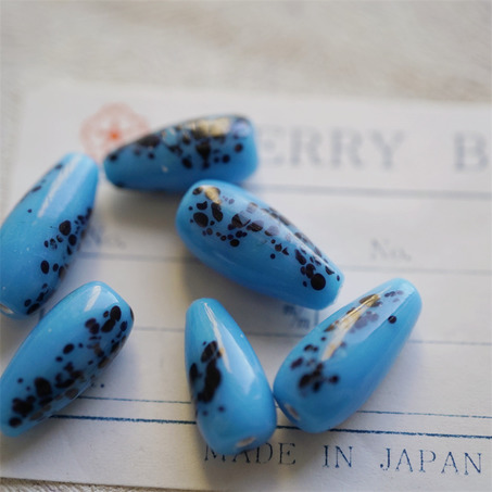 油画蓝墨点~点彩手造mix稀有水滴型直孔珠日本进口中古古董灯工玻璃琉璃珠 约19X10MM