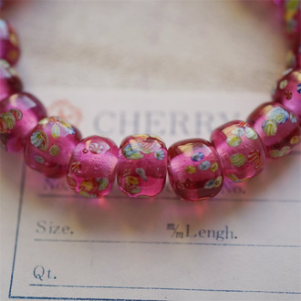 透粉经典千花琉璃花纹~小圆柱甜甜圈稀有手造造型日本进口中古古董灯工玻璃琉璃珠 约10X8MM