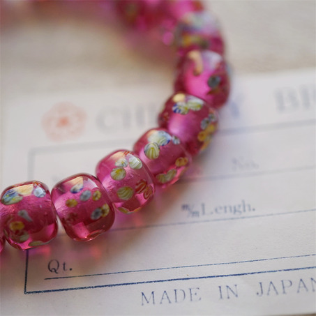 透粉经典千花琉璃花纹~小圆柱甜甜圈稀有手造造型日本进口中古古董灯工玻璃琉璃珠 约10X8MM-4