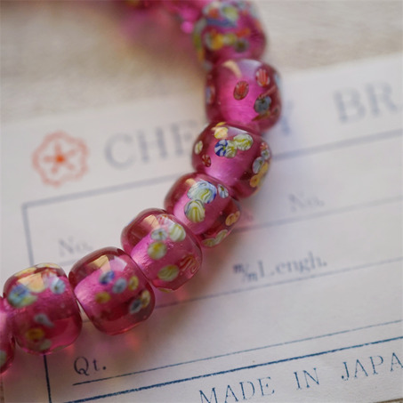 透粉经典千花琉璃花纹~小圆柱甜甜圈稀有手造造型日本进口中古古董灯工玻璃琉璃珠 约10X8MM-3