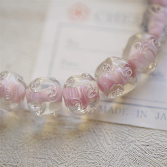 温柔粉色透明外层扭扭花朵圆珠~日本进口中古古董库存灯工玻璃琉璃珠 尺寸约11MM