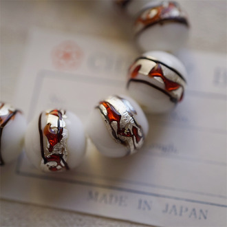 复古和风枫叶银箔线条~熔岩琉璃稀有款圆珠~日本进口中古古董灯工玻璃琉璃珠 约14MM