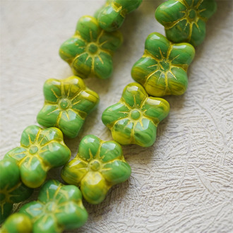 油画绿渐变mix描黄色~捷克珠小花花花朵琉璃珠玻璃珠DIY串珠材料 14MM