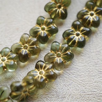 油画绿渐变mix描金色~捷克珠小花花花朵琉璃珠玻璃珠DIY串珠材料 14MM