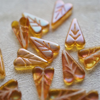 流光琥珀橘色~复古桃心爱心树叶直孔捷克珠玻璃琉璃珠 16X11MM