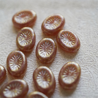 复古鎏金斑驳橘棕描金色~奇异纹椭圆捷克珠琉璃玻璃珠 14X10MM