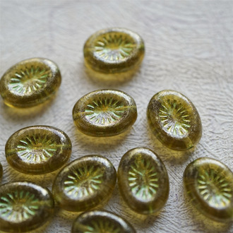 橄榄绿鎏金光泽描金属绿~奇异纹椭圆捷克珠琉璃玻璃珠 14X10MM