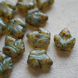 做旧毕加索棕撞色描金属蓝~别致树叶捷克珠玻璃琉璃珠串珠材料 16X14MM