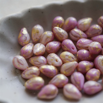 温柔复古粉色渐变烫金色~常规水滴珠捷克珠玻璃琉璃珠 6X9MM