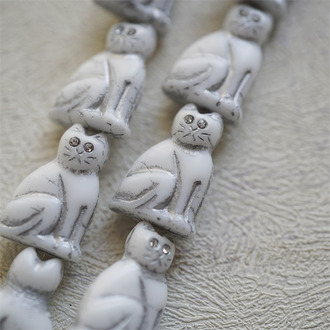 经典白色描银色(透明白钻眼睛)~中号超复古可爱猫咪珠捷克玻璃琉璃珠 19X14MM