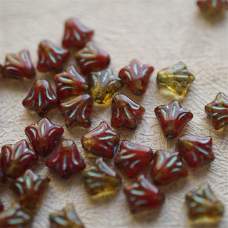 复古做旧红毕加索描金属蓝色~捷克玻璃珠琉璃野百合小郁金香珠 9X8MM