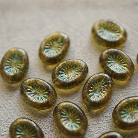 橄榄绿鎏金光泽描斑驳金属绿~奇异纹椭圆捷克珠琉璃玻璃珠 14X10MM-4