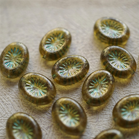 橄榄绿鎏金光泽描斑驳金属绿~奇异纹椭圆捷克珠琉璃玻璃珠 14X10MM-5