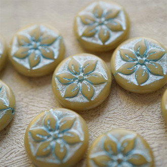 奶茶色描蓝撞色感~鸡蛋花缅栀子扁圆捷克珠玻璃珠琉璃珠 18MM