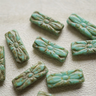 松石绿做旧毕加索色~矩形长方形花型描金捷克珠玻璃琉璃 20X8MM