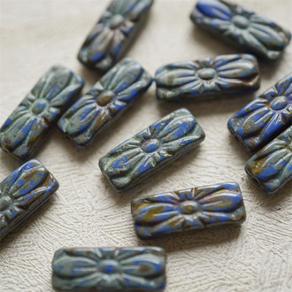 复古蓝做旧毕加索色~矩形长方形花型描金捷克珠玻璃琉璃 20X8MM