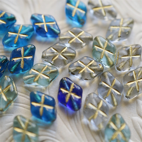 十枚入！海洋蓝色系mix描金色~菱形华夫格捷克珠玻璃珠琉璃珠 12X8MM-4