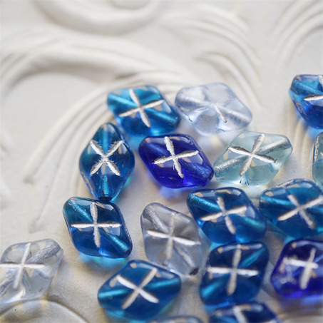 十枚入！海洋蓝色系mix描银色~菱形华夫格捷克珠玻璃珠琉璃珠 12X8MM