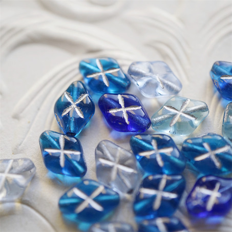 十枚入！海洋蓝色系mix描银色~菱形华夫格捷克珠玻璃珠琉璃珠 12X8MM-1