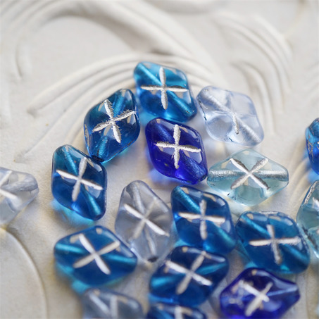 十枚入！海洋蓝色系mix描银色~菱形华夫格捷克珠玻璃珠琉璃珠 12X8MM-5