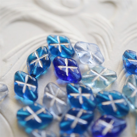 十枚入！海洋蓝色系mix描银色~菱形华夫格捷克珠玻璃珠琉璃珠 12X8MM-4