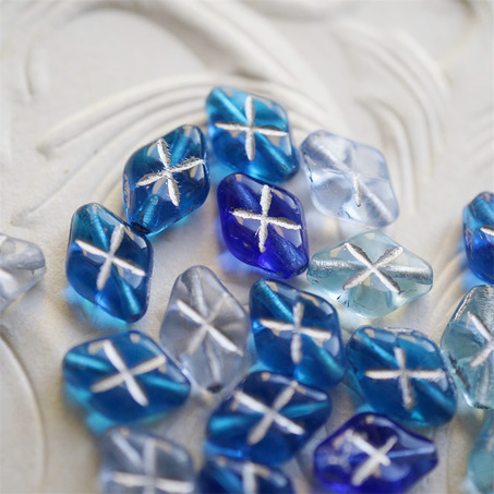 十枚入！海洋蓝色系mix描银色~菱形华夫格捷克珠玻璃珠琉璃珠 12X8MM-7