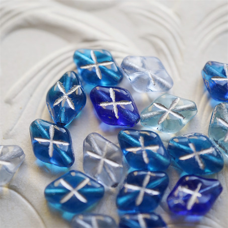 十枚入！海洋蓝色系mix描银色~菱形华夫格捷克珠玻璃珠琉璃珠 12X8MM-6