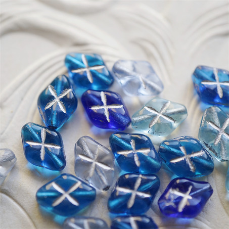 十枚入！海洋蓝色系mix描银色~菱形华夫格捷克珠玻璃珠琉璃珠 12X8MM-9