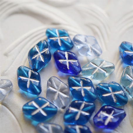 十枚入！海洋蓝色系mix描银色~菱形华夫格捷克珠玻璃珠琉璃珠 12X8MM-8