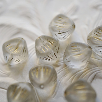 SALE雾面水晶白描金色~立体菱形古董珠形条纹花纹捷克珠玻璃琉璃珠 15X14MM