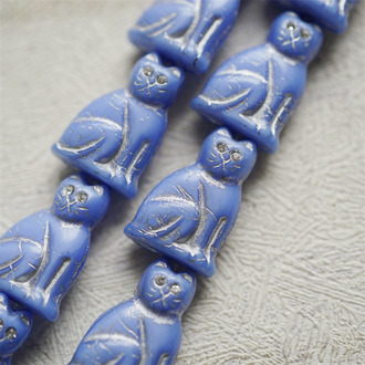 温柔海蓝描银色(透明白钻眼睛)~中号超复古可爱猫咪珠捷克玻璃琉璃珠 19X14MM