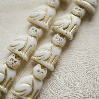 白玉白色描金色(透明白钻眼睛)~中号超复古可爱猫咪珠捷克玻璃琉璃珠 19X14MM