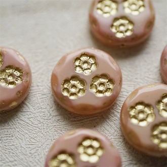 纯色粉描金色~复古夸张大号圆饼浮雕小花捷克珠玻璃琉璃珠 21MM
