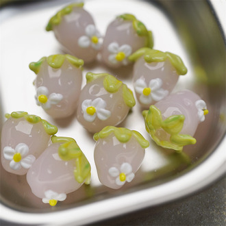 可爱果冻粉色~手造油画可爱圣诞风小花小草莓直孔日本进口灯工玻璃琉璃珠 尺寸约14MM