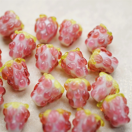 奶油糖果粉嘟嘟莓果小树莓~手造直孔可爱小树莓水果日本进口灯工玻璃琉璃珠 尺寸约14MM-7