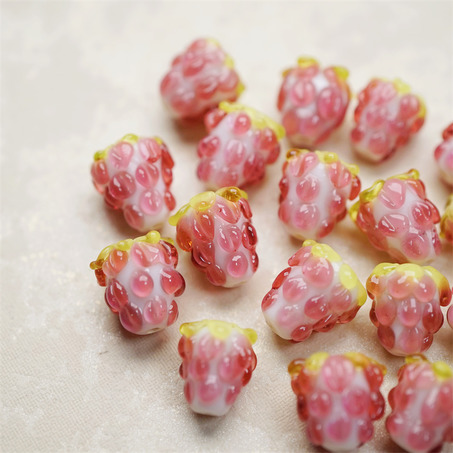 奶油糖果粉嘟嘟莓果小树莓~手造直孔可爱小树莓水果日本进口灯工玻璃琉璃珠 尺寸约14MM-4