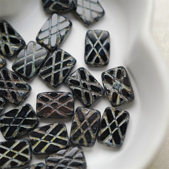 黑色做旧毕加索色~长方形条纹格子捷克珠玻璃琉璃珠 12X8MM