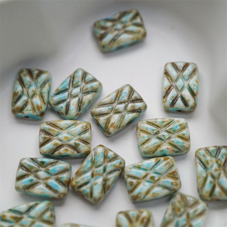 复古水染水彩蓝毕加索做旧色~长方形条纹格子捷克珠玻璃琉璃珠 12X8MM