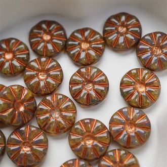 复古毕加索棕描玫瑰金色~太阳花扁圆珠捷克珠玻璃琉璃 12MM