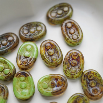 琥珀拼绿渐变毕加索效果珠~切面椭圆波点直孔珠捷克珠玻璃琉璃珠 14X9MM