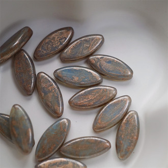 蛋白灰绿烫玫瑰金色~椭圆梭形扁珠捷克珠玻璃琉璃珠 18X7MM