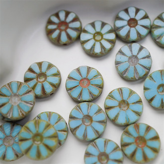 油画蓝做旧复古毕加索色~太阳花扁圆珠捷克珠玻璃琉璃 12MM