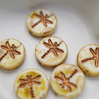 白底斑驳毕加索棕描玫瑰金色~复古蜻蜓捷克珠玻璃珠琉璃 17MM