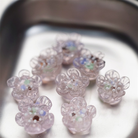 樱花透粉彩芯五瓣花~手造直孔立体花朵植物园日本进口灯工玻璃琉璃珠 尺寸约12MM-2