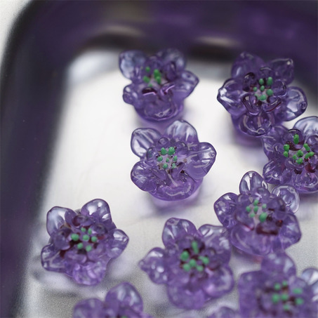 透紫双层花瓣造型绿芯~手造直孔立体花朵植物园日本进口灯工玻璃琉璃珠 尺寸约13MM-2