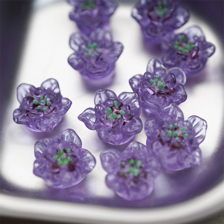 透紫双层花瓣造型绿芯~手造直孔立体花朵植物园日本进口灯工玻璃琉璃珠 尺寸约13MM-3