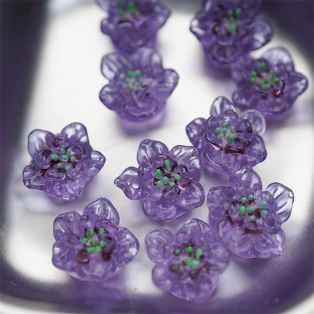 透紫双层花瓣造型绿芯~手造直孔立体花朵植物园日本进口灯工玻璃琉璃珠 尺寸约13MM-4